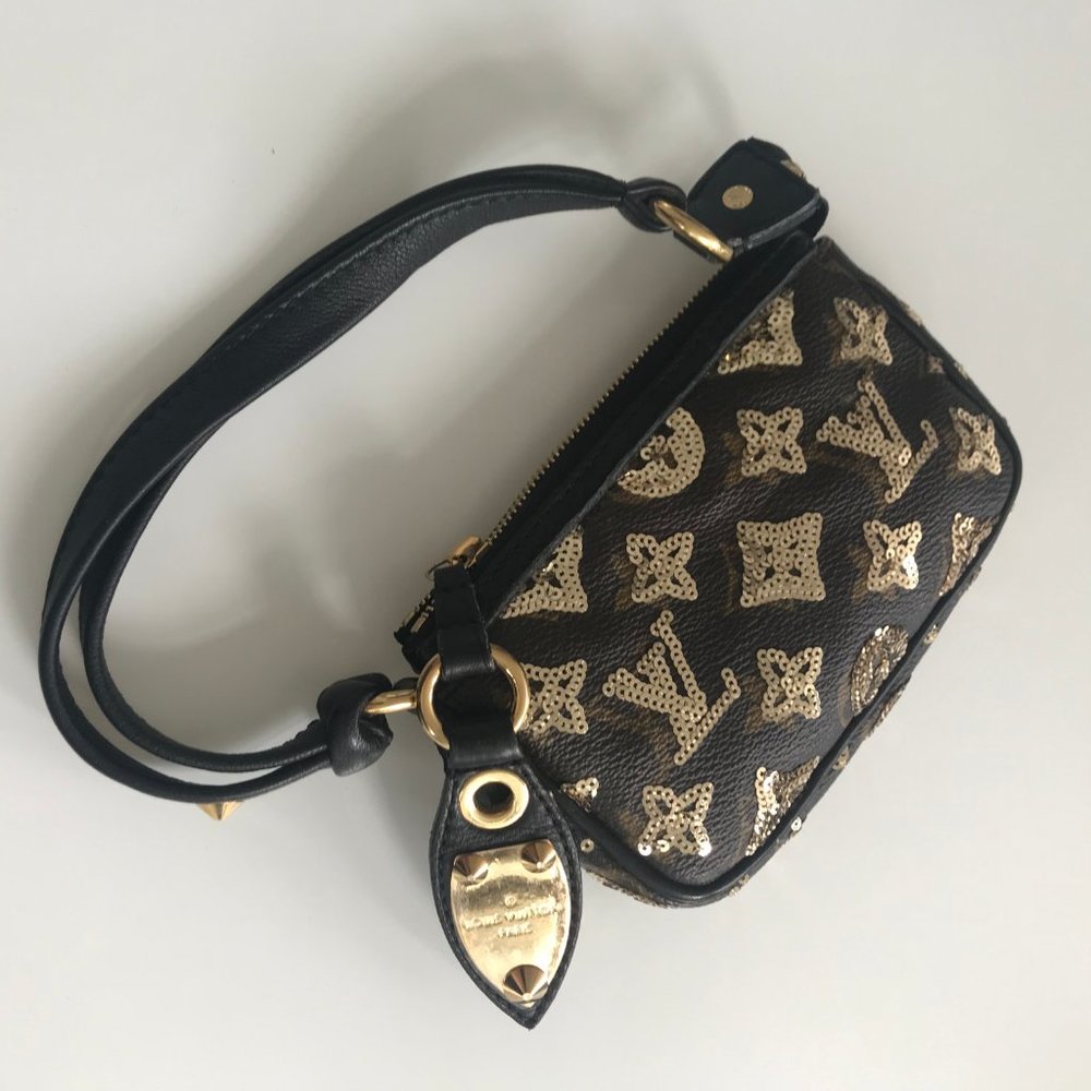 EXTREMELY RARE Louis Vuitton Gold sequins logo monogram mini pochette purse - Picture 7 of 9